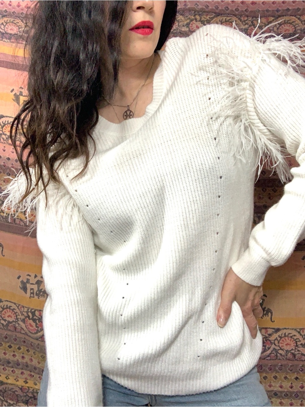Feather-Trim White Women's Sweater - Elegant Knit Pullover